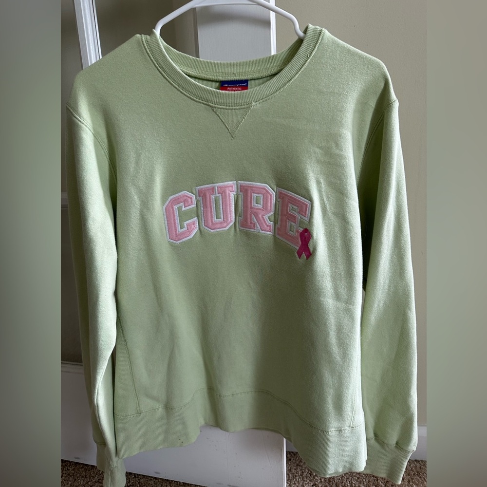 Breast Cancer Awareness “CURE” sweatshirt.  Light green & pink.  Champion Sz L